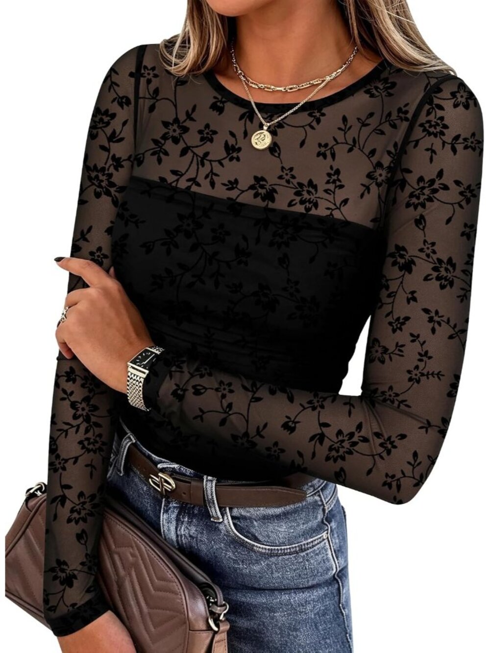 Women Black Floral Sheer Mesh Round Neck Long Sleeve Plain Hem Dressy Blouse Top